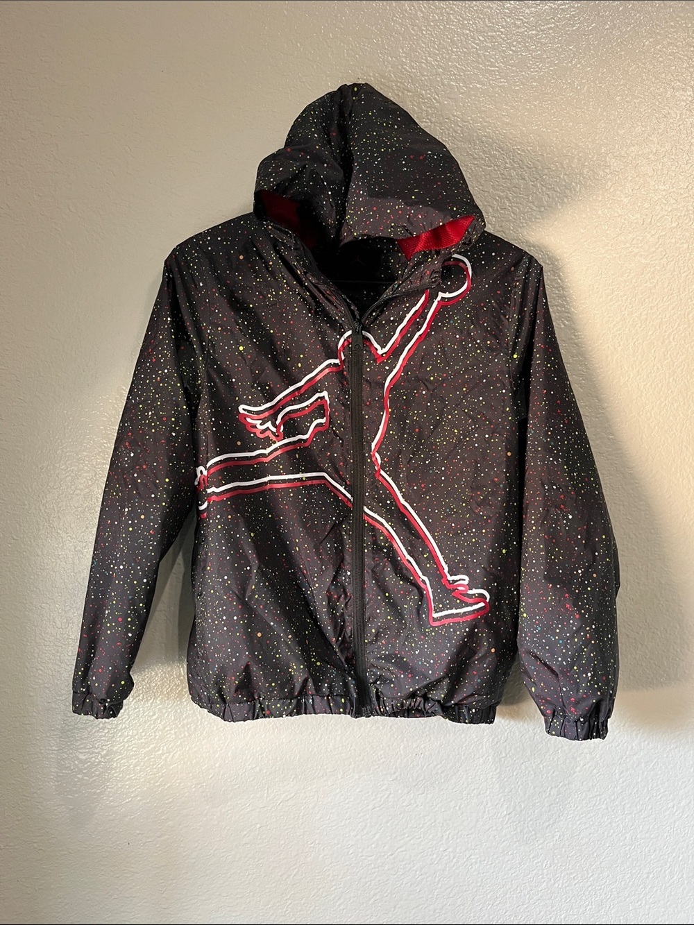 Jordan Black Speckled Jumpman Hooded Rain Jacket Red Trim Sz M Casual